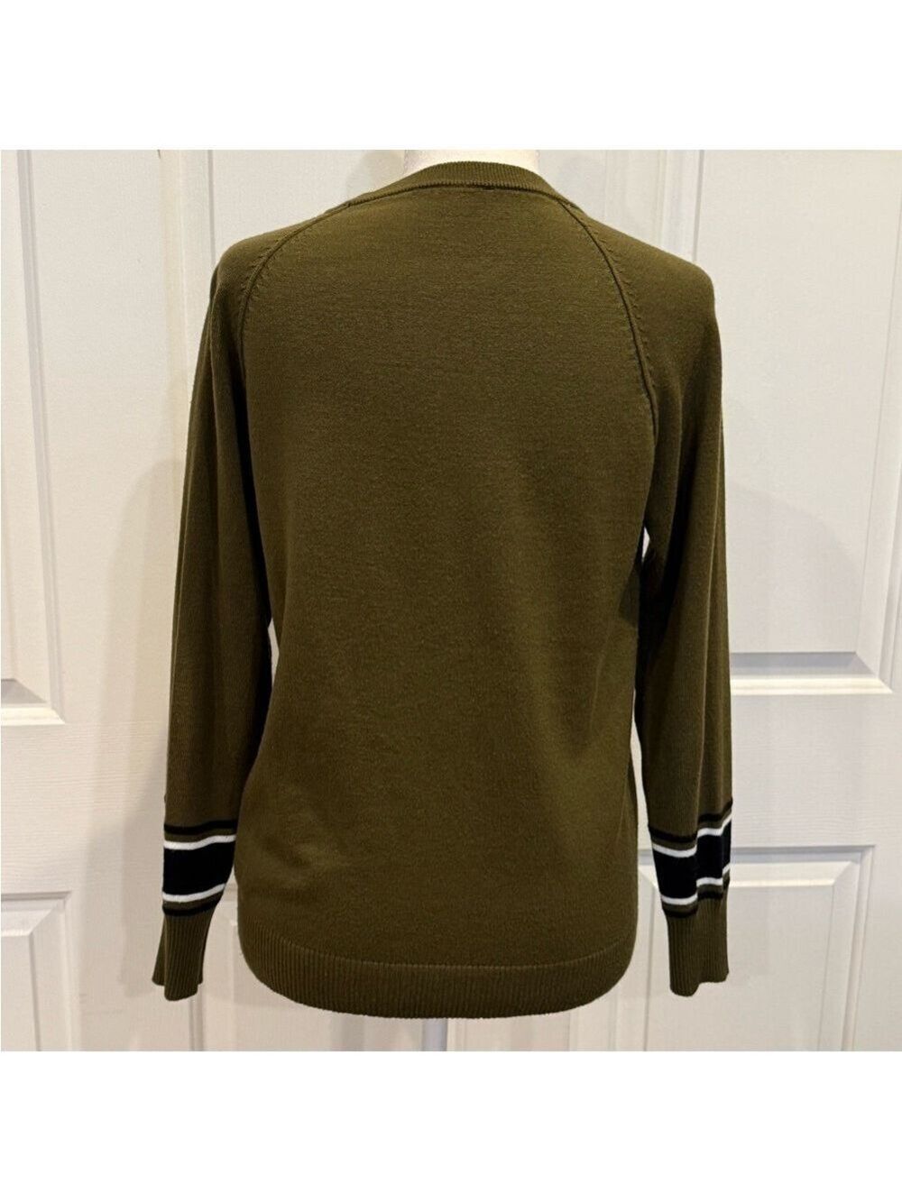 Sweater Olive Green Lightweight Knit Striped Cuff Crewneck Casual Cozy Pullover - Picture 4 of 8